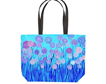 Blue & Lilac Abstract Flowers Shopping Tote - Large Canvas Shopping Bag - Machine Washable Eco Friendly Blue Floral Shopping Tote Gym Bag