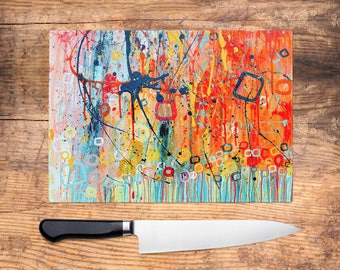 Orange Blue Glass Chopping Board - 'Jellyfish' Fluid Art Worktop Saver, Platter, Large Cutting Board, Kitchen Gift, Kitchen Accessories