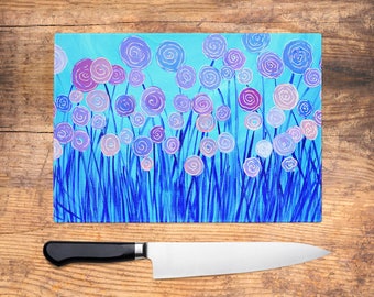 Lilac and Blue Flowers Glass Chopping Board - Abstract Floral Worktop Saver, Platter, Large Cutting Board, Kitchen Gift, Kitchen Accessories