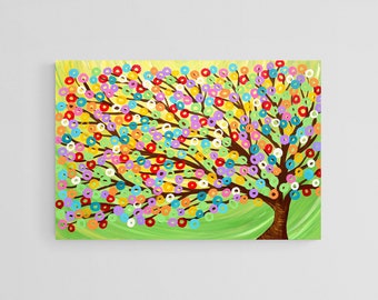 Large Green Canvas Picture - Green Tree Canvas Print - Colourful Green Abstract Tree - Lime Green Rainbow Abstract Whimsical Tree Wall Art