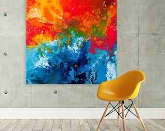 Incalescence Orange & Blue Abstract Fluid Art Large Square Canvas Print