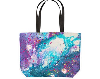 Stardust Purple & Turquoise Large Canvas Shopping Tote Bag - Cosmic Space Inspired Abstract Art Large Eco Friendly Sturdy Canvas Tote Bag