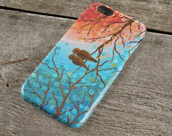 Lovebirds iPhone Case - Teal, turquoise, orange, & blue lovebirds at sunset iPhone Case for iP4, iP5/S/SE, iP5C, iP6/S, iP6+/S, iPod Touch 5