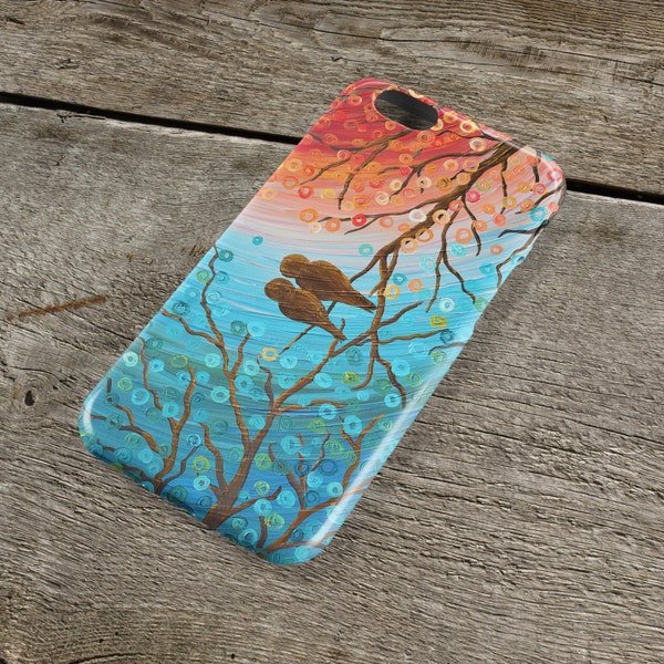 Lovebirds iPhone Case - Teal, turquoise, orange, & blue lovebirds at sunset iPhone Case for iP4, iP5/S/SE, iP5C, iP6/S, iP6+/S, iPod Touch 5