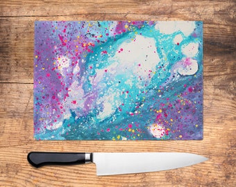 Stardust Glass Chopping Board - Purple and teal Worktop Saver, Platter, Large Cutting Board, Kitchen Gift, Kitchen Accessories