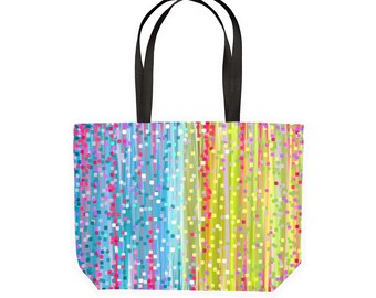 Lilac & Green Canvas Shopper Tote Bag - Tough Large Shopping Tote Colourful Impressionist Unique Abstract Dot Painting Stripes Stripy