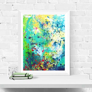 Lily Pond Giclee Print Of Original Abstract Acylic Painting Teal, Green, Turquoise, Yellow, & Pink By Louise Mead image 1