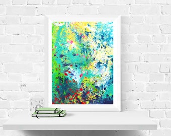 Lily Pond - Giclee Print Of Original Abstract Acylic Painting - Teal, Green, Turquoise, Yellow, & Pink By Louise Mead