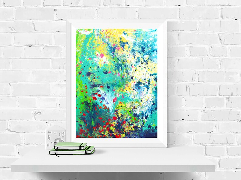Lily Pond Giclee Print Of Original Abstract Acylic Painting Teal, Green, Turquoise, Yellow, & Pink By Louise Mead image 1