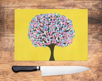 Green & Yellow Tree Glass Chopping Board - Meadowlark Lilac Worktop Saver, Large Cutting Board, Kitchen Gift, Kitchen Accessories