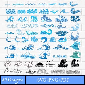 Może przedstawiać: Kolekcja 80 wzorów fal w różnych stylach i odcieniach niebieskiego, od prostych linii po szczegółowe grzebienie. Obraz zawiera tekst "80 Designs" i "SVG+PNG+PDF". Wzory są ułożone na białym tle z cegieł.