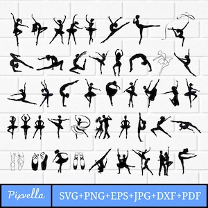 May include: A collection of black silhouette images depicting ballet dancers in diverse poses, such as leaps, arabesques, and pirouettes. The image also features ballet shoes and the text "Pipvella SVG+PNG+EPS+JPG+DXF+PDF".