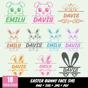 May include: A collection of Easter-themed SVG designs featuring bunny faces and ears. Each design includes a name, such as "Emily" or "Davis", in various colors. The image also includes the text "18 DESIGNS" and "EASTER BUNNY FACE SVG".