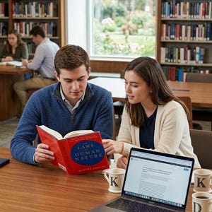 May include: A person in a blue sweater holds a red book titled The Laws of Human Nature by Robert Greene, while another person in a cream cardigan points to it. A laptop, two white mugs with the letter K, and a notepad with a pencil sit on the table.