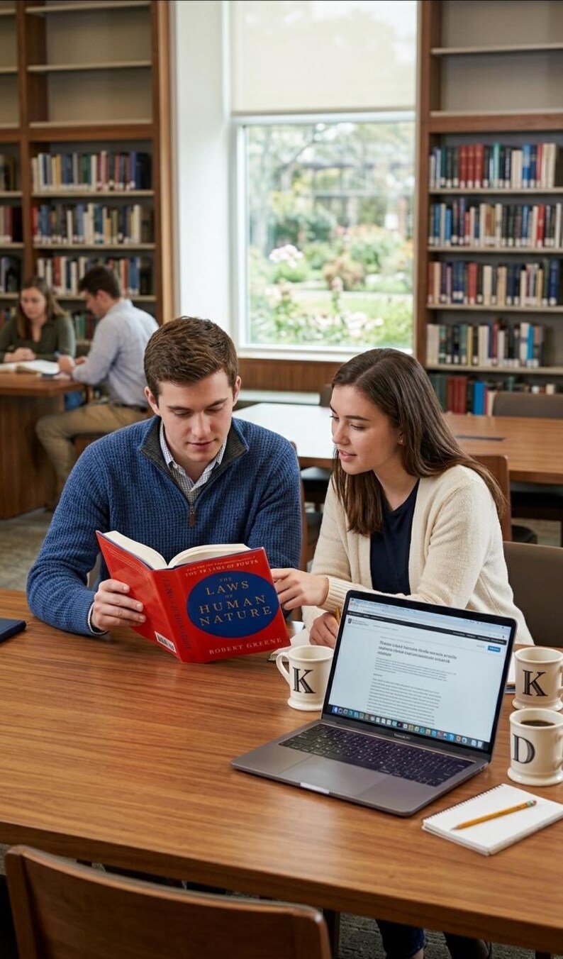 May include: A person in a blue sweater holds a red book titled The Laws of Human Nature by Robert Greene, while another person in a cream cardigan points to it. A laptop, two white mugs with the letter K, and a notepad with a pencil sit on the table.