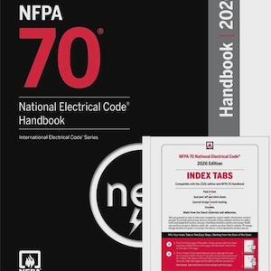 May include: A black and white handbook titled "NFPA 70 National Electrical Code Handbook" with the number "70" in large red font. The handbook is part of the "International Electrical Code Series". A smaller white document shows "Index Tabs".