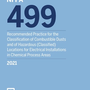 Puede incluir: Portada de libro azul claro con el texto "NFPA 499" en letras grandes de color azul oscuro. Debajo, el texto dice "Práctica recomendada para la clasificación de polvos combustibles y de ubicaciones peligrosas (clasificadas) para instalaciones eléctricas en áreas de procesos químicos 2021."