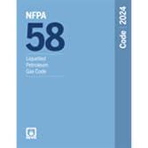 Peut inclure: Un livre bleu clair intitulé "NFPA 58" avec le sous-titre "Liquefied Petroleum Gas Code". L'année "2024" est en haut à droite. Le logo NFPA est en bas à gauche. Le texte est blanc.