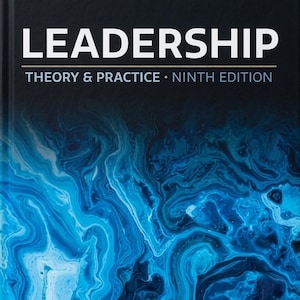 May include: Book cover for "Leadership: Theory & Practice, Ninth Edition" by Peter G. Northouse. The title is in large white letters, with the author's name above. The background features a blue and white abstract design.