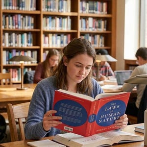 May include: A person wearing a blue sweater reading a red book titled The Laws of Human Nature by Robert Greene. The book has a blue circular design on the cover. A white notebook and another open book are placed on the wooden table in front.