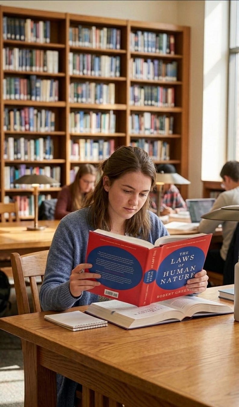May include: A person wearing a blue sweater reading a red book titled The Laws of Human Nature by Robert Greene. The book has a blue circular design on the cover. A white notebook and another open book are placed on the wooden table in front.