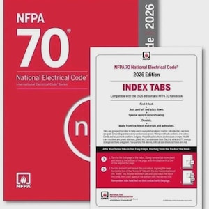May include: A red and white book titled "NFPA 70 National Electrical Code" with "2026" printed on the spine. A white index tab sheet is next to the book, with instructions for use and the NFPA logo.