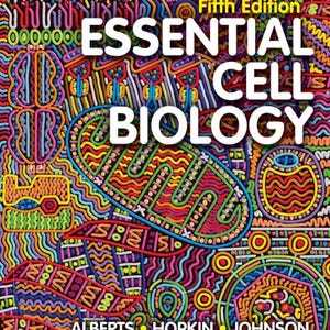 Puede incluir: Una colorida portada de libro con el título "ESSENTIAL CELL BIOLOGY" en letras blancas grandes. La portada presenta un diseño abstracto vibrante con varias formas y patrones multicolores. Los nombres de los autores están en la parte inferior.