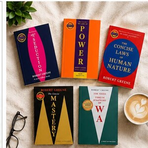 May include: Five books by Robert Greene arranged on a textured surface. Titles include The Concise Art of Seduction, The Concise 48 Laws of Power, The Concise Laws of Human Nature, The Concise Mastery, and The Concise 33 Strategies of War. Each book features a gold seal.