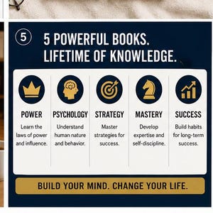 May include: A dark blue rectangular graphic with the text 5 POWERFUL BOOKS. LIFETIME OF KNOWLEDGE. It features five circular icons representing Power, Psychology, Strategy, Mastery, and Success, each with descriptive text. Below is the text BUILD YOUR MIND. CHANGE YOUR LIFE.