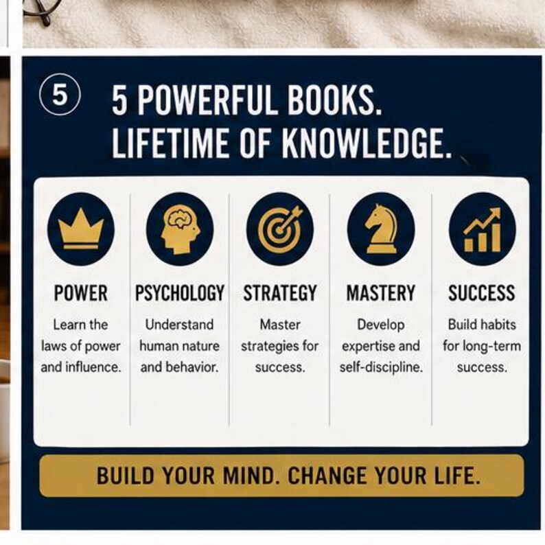 May include: A dark blue rectangular graphic with the text 5 POWERFUL BOOKS. LIFETIME OF KNOWLEDGE. It features five circular icons representing Power, Psychology, Strategy, Mastery, and Success, each with descriptive text. Below is the text BUILD YOUR MIND. CHANGE YOUR LIFE.
