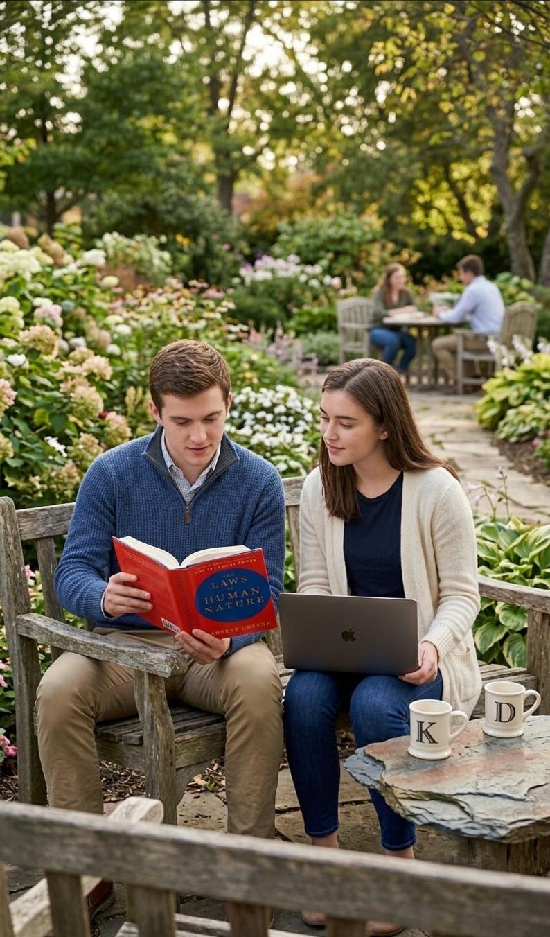 May include: A person in a blue quarter-zip sweater reading a red book titled The Laws of Human Nature, and a person in a cream cardigan using a gray laptop. Two white ceramic mugs with the letters K and D sit on a stone table in a garden.