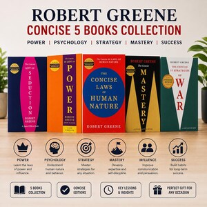May include: A collection of five books by Robert Greene titled Concise 5 Books Collection. The set includes The Concise Art of Seduction, Power, The Concise Laws of Human Nature, The Concise Mastery, and The Concise 33 Strategies of War in various colors.