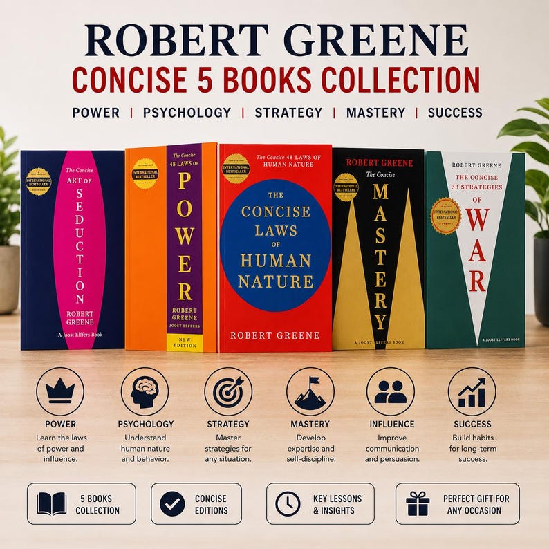 May include: A collection of five books by Robert Greene titled Concise 5 Books Collection. The set includes The Concise Art of Seduction, Power, The Concise Laws of Human Nature, The Concise Mastery, and The Concise 33 Strategies of War in various colors.
