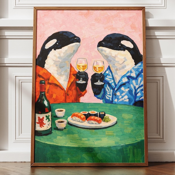 Orca Whales Wine Sushi Print – Whimsical Animal Illustration, Modern Coastal Decor