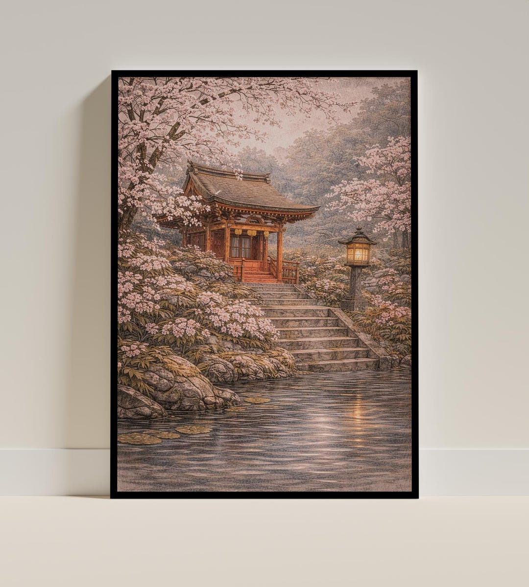 Japanese Cherry Blossom Shrine Art Print – Serene Temple Landscape ...