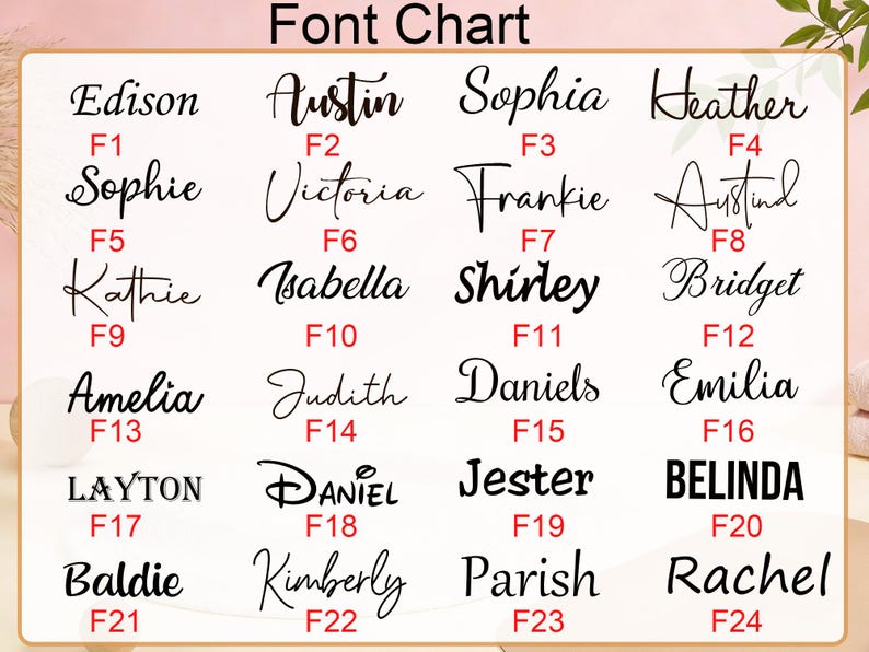 Puede incluir: Un gr&aacute;fico de fuentes que muestra 24 estilos de fuente diferentes, cada uno con un nombre y un c&oacute;digo. Las fuentes var&iacute;an en estilo, desde elegantes guiones hasta dise&ntilde;os modernos y audaces. El texto "Font Chart" est&aacute; en la parte superior.