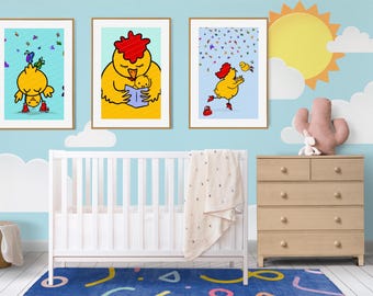 Zestaw dekoracji ściennych do pokoju dziecięcego, grafiki do pokoju zabaw, ręcznie rysowane grafiki zwierząt, mama, kurczak, wystrój pokoju dziecięcego, wystrój domu, pobieranie cyfrowe