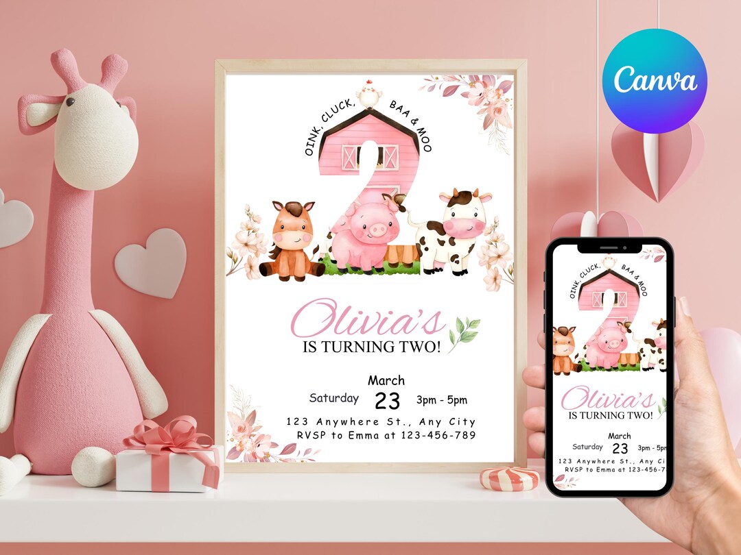 Editable Pink Farm Birthday, Girl Invitation Template, Barnyard Animals ...