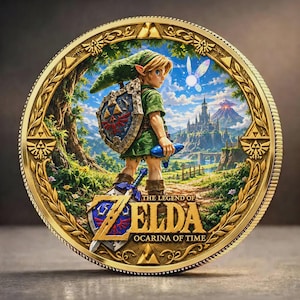 May include: A circular gold-toned commemorative coin featuring a detailed colour illustration of a character in green clothing with a shield and ocarina, set against a landscape with a castle. The text reads THE LEGEND OF ZELDA OCARINA OF TIME.