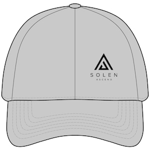 May include: A light gray baseball cap featuring a black triangular logo and the text SOLEN ASCEND printed on the front panel. The cap has a structured crown, a curved brim with visible stitching, and a central seam running down the front.