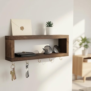 May include: A dark brown wooden wall shelf with a rectangular design. The shelf holds a small potted plant, sunglasses, a wallet, and an envelope. Below the shelf are several hooks with keys hanging from them.