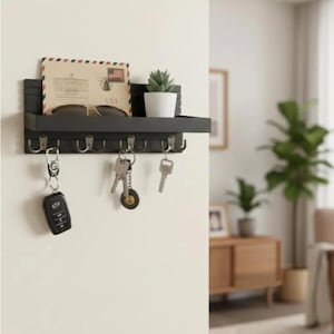 Rustic Wood Key Holder Wall Mount with Shelf Mail Organizer Farmhouse Entryway Key Rack with 4 Double Hooks for Keys Sunglasses and Letters