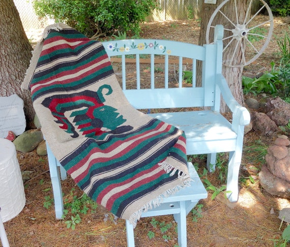 Vintage Long Wool Rug Carpet Runner Southwestern Fringed Mexican Navajo Indian Blanket Fetish Chief Ceremonial Symbol