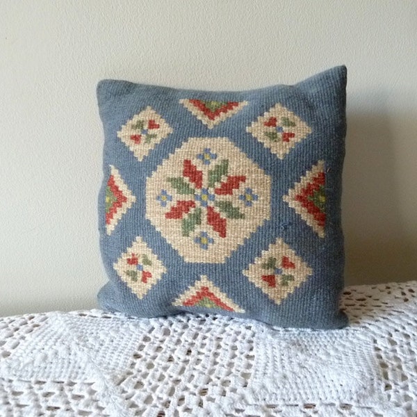 Vintage Wool Southwestern Blue Native Indian Pattern Rug Navajo Accent Square Pillow Cover