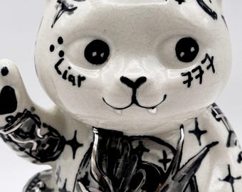 Porcelain Cat Figurine, Collectible Tattoo Cat with Real Platinum, Handmade Ceramic Incense Holder