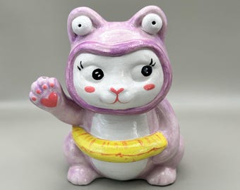 Ceramic Cat Incense Holder | Frog Cat Figurine | Handmade Ceramic Cat | Summer Pool Float Cat | Kawaii Home Decor | Cat Lover Gift