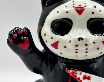 Porcelain Horror Tattoo Cat, Hockey Mask Cat Incense Holder, Handmade Ceramic Cat, Slasher Cat Figurine, Gothic Decor, Horror Gift