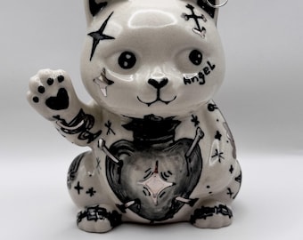 Alternative Cat Incense Holder, Handmade Porcelain Tattoo Cat, Ceramic Figurine with Real Platinum
