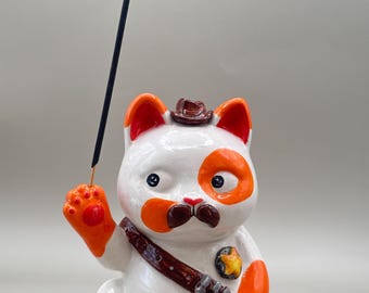 Ceramic Maneki Neko Incense Holder, Cowboy Lucky Cat Incense Burner, Handmade Japanese Cat Decor, Gift for Cat Lovers, Zen Decor