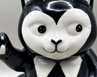 Ceramic Cat Incense Holder | Black Harlequin Cat | Handmade Ceramic Cat | Horned Cat Figurine | Gothic Home Decor | Cat Lover Gift